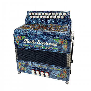 Paolo Soprani mod. Saltarello 8 (21/8 3 voci), Tonalità SOL/DO (G/C), tastiera veloce, musette, Blu chiaro